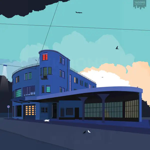 Digital artwork of the Garage du Jura building in Biel/Bienne, Switzerland.